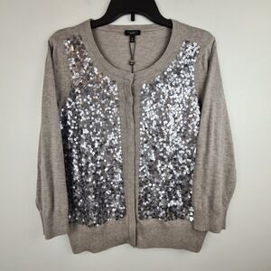 Talbots Sequin Cardigan Sweater Gray Button‎ Snap Front Women's Medium Evening
